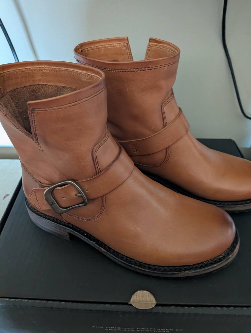 Frye Cognac Brown Leather Ankle Boots with Buckle Detail